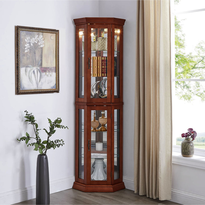Armoire lumineuse gracieuse en verre trempé, tablettes réglables, décorations de présentation, Noyer