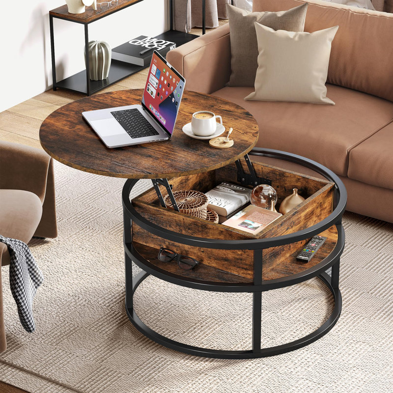 Table basse circulaire avec plateau relevable circulaire et rangement, Brun rustique, Noir, noir, noir, noir
