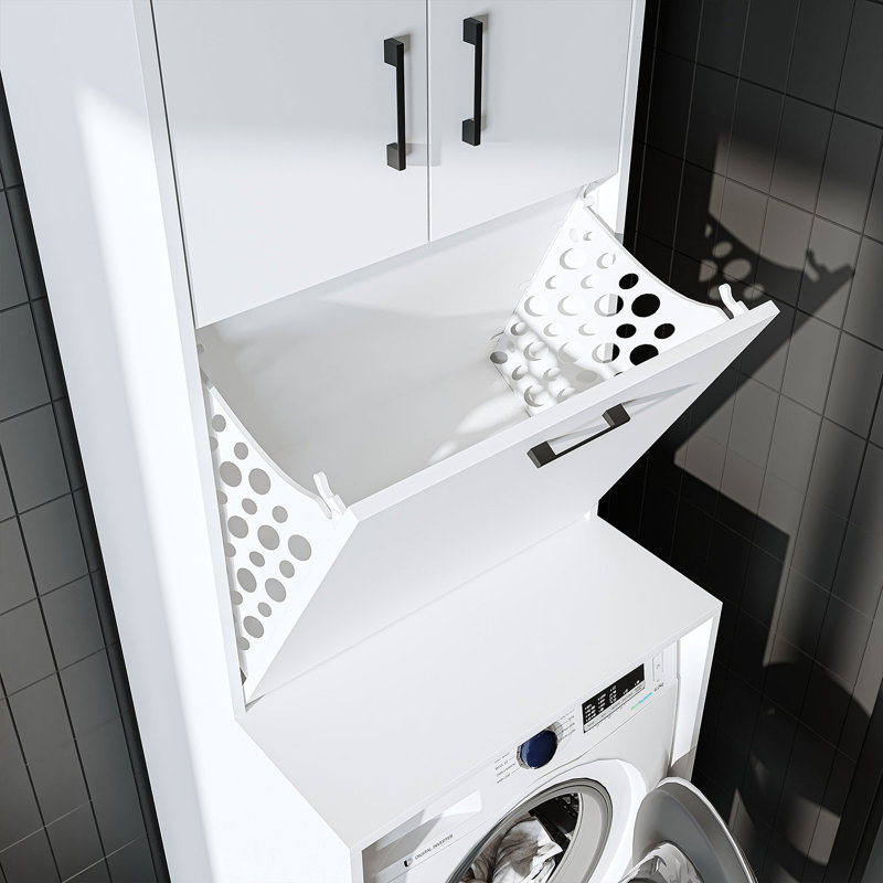 Roomart Luna Washing Machine Cabinet with Built In Laundry Basket and Storage Cupboards,, White
