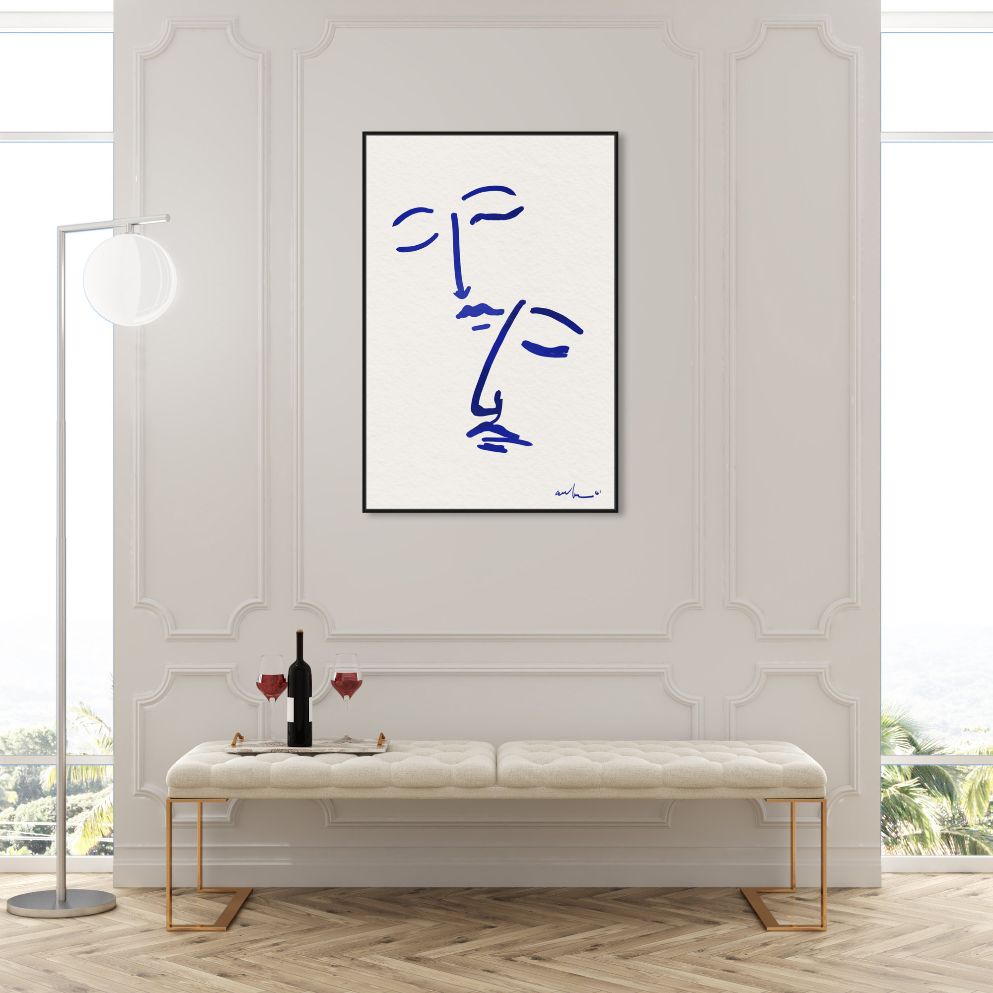 Abstract Couple Blue And White by Oliver Gal, 46" H x 31" W, Black