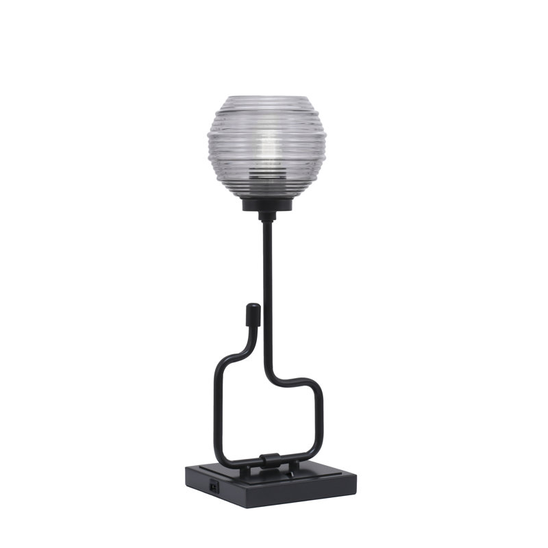 Lampe d'appoint Amarmula, avec ports USB, finition noir mat, verre strié fumée 6 po, Noir, Transparent/noir