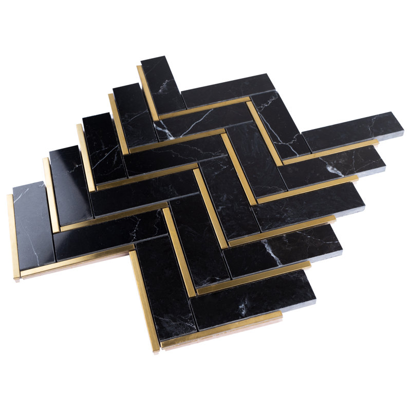 Natural Bianco 1" x 3" Marble Chevron Mosaic Wall Tile, Black/Gold