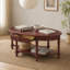 Table basse ovale sculptée de style campagnard français vintage avec tiroir, étagère inférieure et pieds tournés, idéale pour un salon ou un cottage.