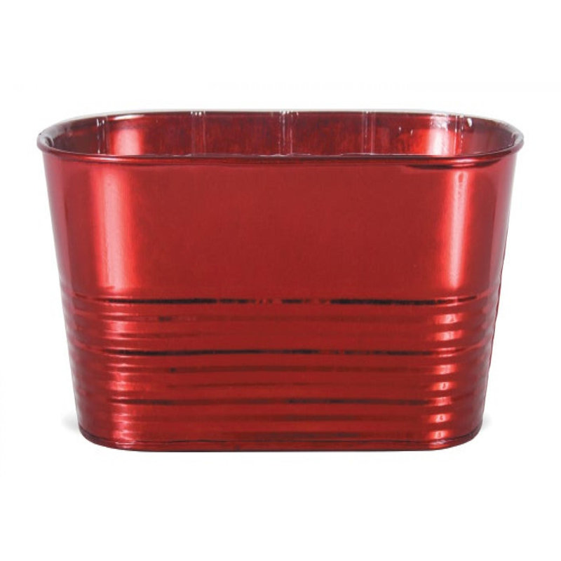 Pot de fleurs rouge en métal nervuré