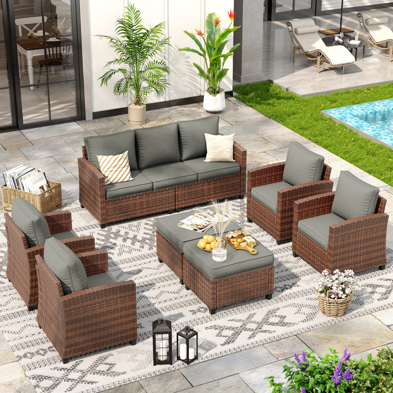 7-Person Outdoor Seating Group With Cushion, Gray, Brown