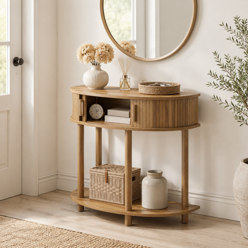 Console en demi-lune de 31,5 po avec rangement, canapé de style campagnard pour le vestibule du vestibule (noyer)