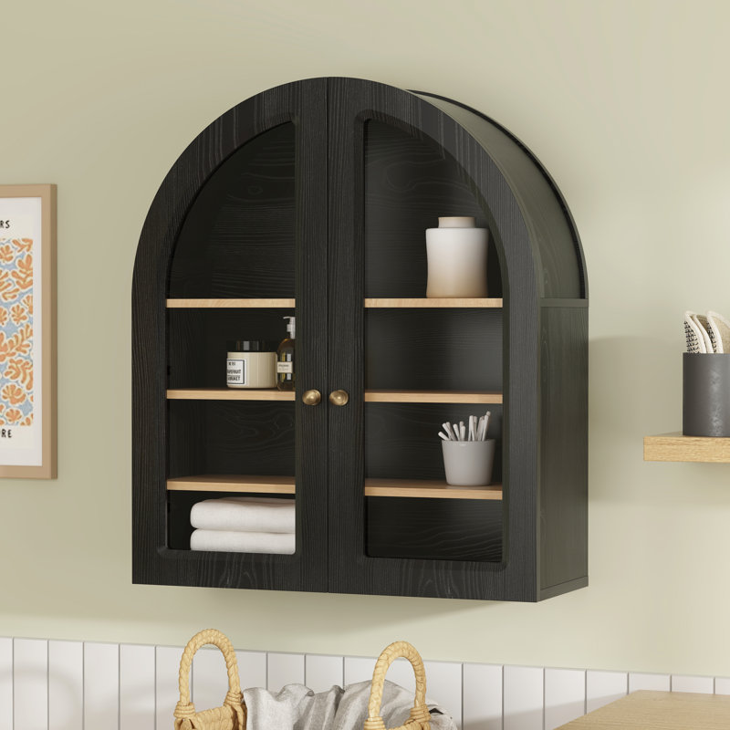 Modern Arch Wall-Mounted Storage Cabinet – Adjustable Shelf, Copper Handle, 22Lbs Load Capacity Per Shelf, Black