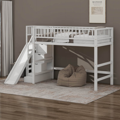 Loft Bed with Slide & LED Lights, Solid Wood Kids Loft Bed with Storage Stairs and Under Bed Space