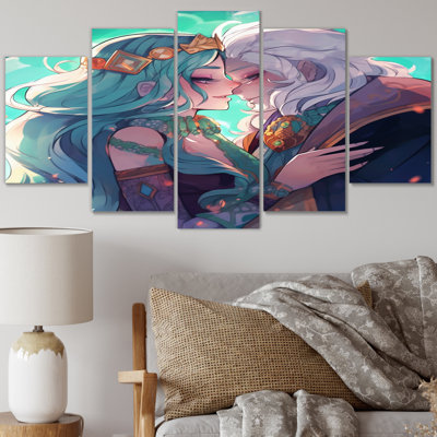 Couple d'anime s'embrassant tendrement pastel I - Couple, art mural sur toile - 5 panneaux