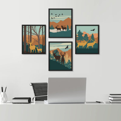 «Mountain Deer Forest», reproduction encadrée sur papier 4 pièces