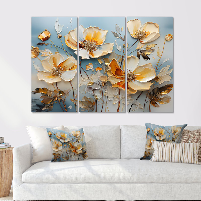 Jaune et gris, coquelicots, spatule, art I - ensemble d'art mural champ de fleurs, H 40 po x l 60 po x P 1 po