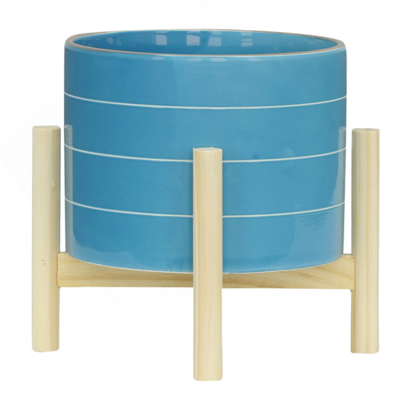 PLATEAU RAYÉ 8 "AVEC SUPPORT EN BOIS, SKYBLUE
