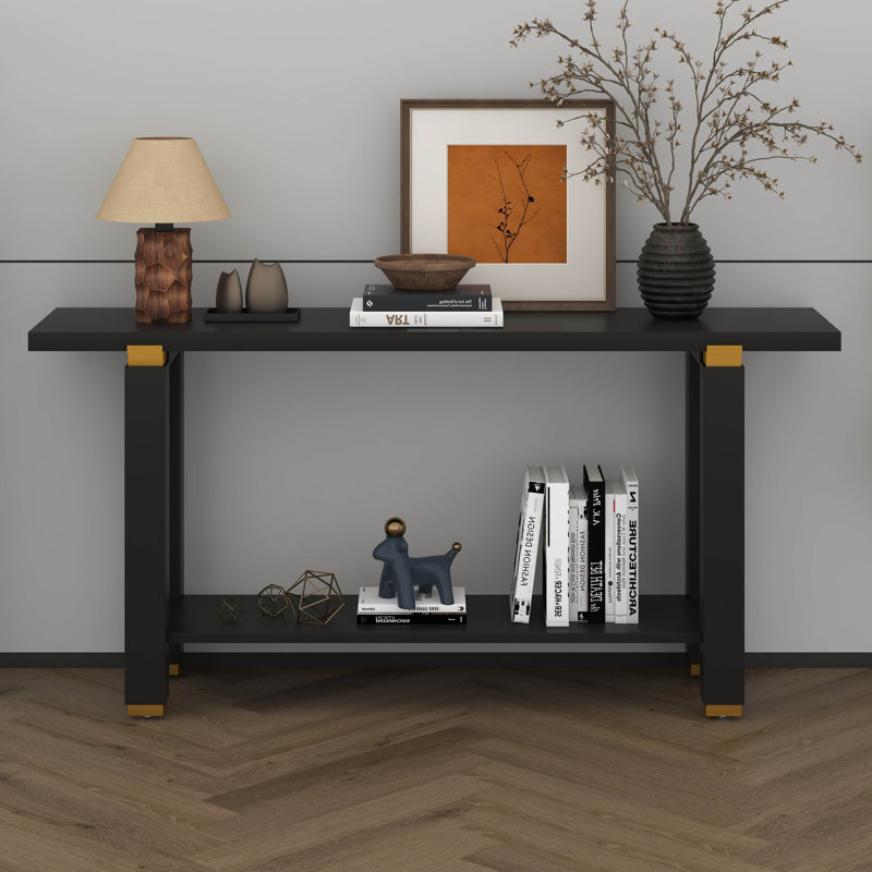 Console de 62,9 po avec console minimaliste moderne, canapé d'entrée en bois de pin massif avec détails en métal, tablette de rangement ouverte