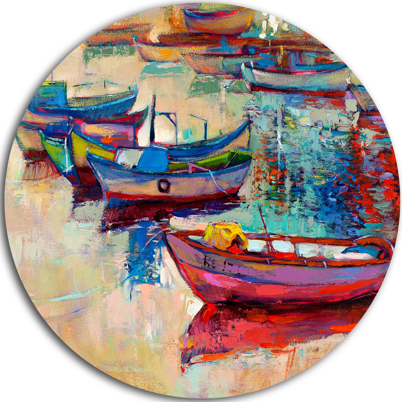 Bateaux et océan - art mural rond en métal paysage marin, H 23 po x l 23 po x P 1 po, Métal