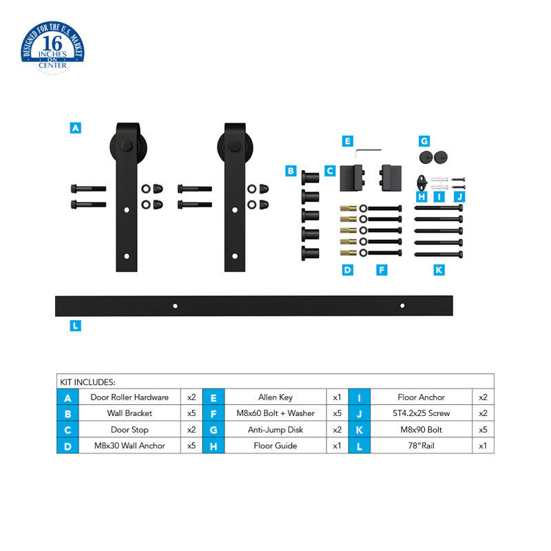Black Solid Steel Sliding Barn Door Hardware Kit