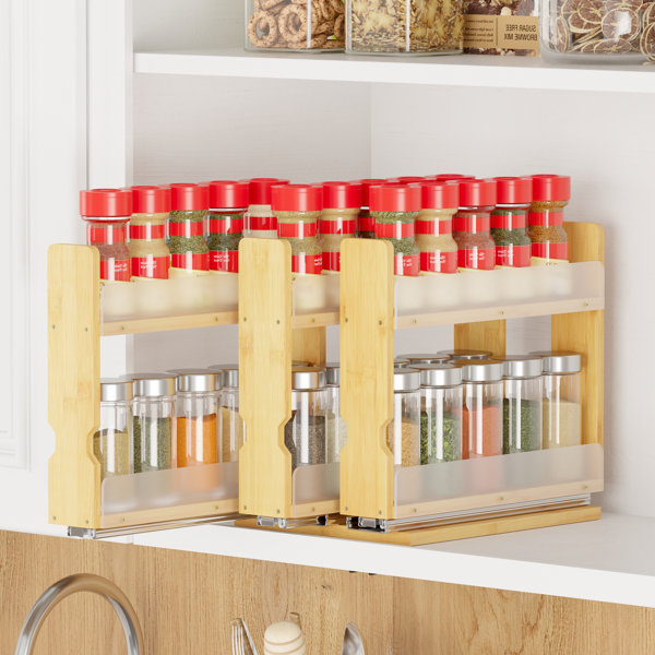 Bamboo Pull-out Spice Rack Organizer — Heavy Duty Sliding Cabinet Pantry — 7.6" W, 2-tier, 3 Drawers (2" Wide), Natural