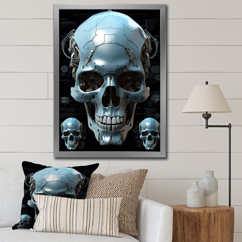 Reproduction d'art sur toile, "Happy Cyborg Skull Funky Halloween", H 32 po x l 16 po x P 1 po, Cadre simple argenté