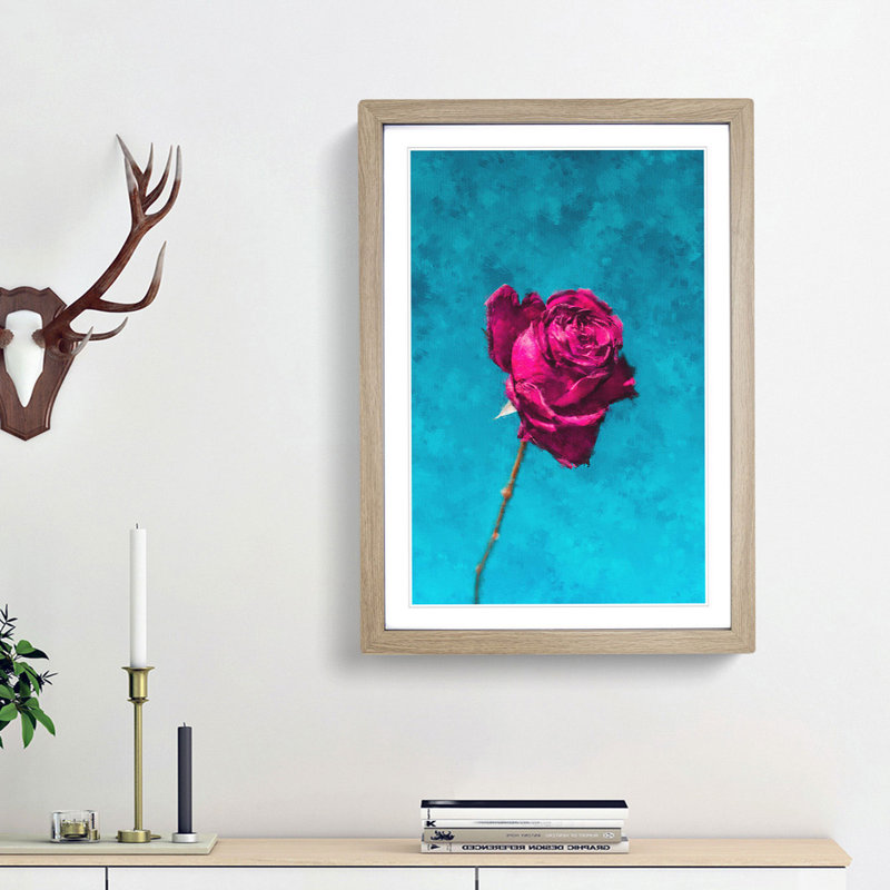 Fuscia Pink Dying Rose - Picture Frame Painting Print, 33cm H x 24cm W x 2cm D, Oak Framed