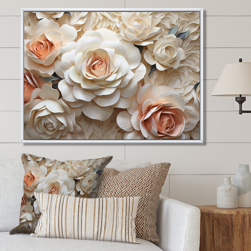 «Minimalisme Beige Roses Passion» - art mural sur toile Roses, Cadre flottant blanc, H 12 po x l 20 po x P 1 po