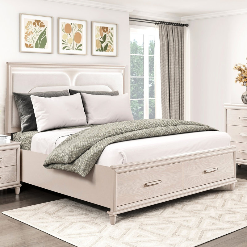 Structure de lit très grand moderne de luxe avec rangement et tiroirs avec tête de lit tapissier en chenille