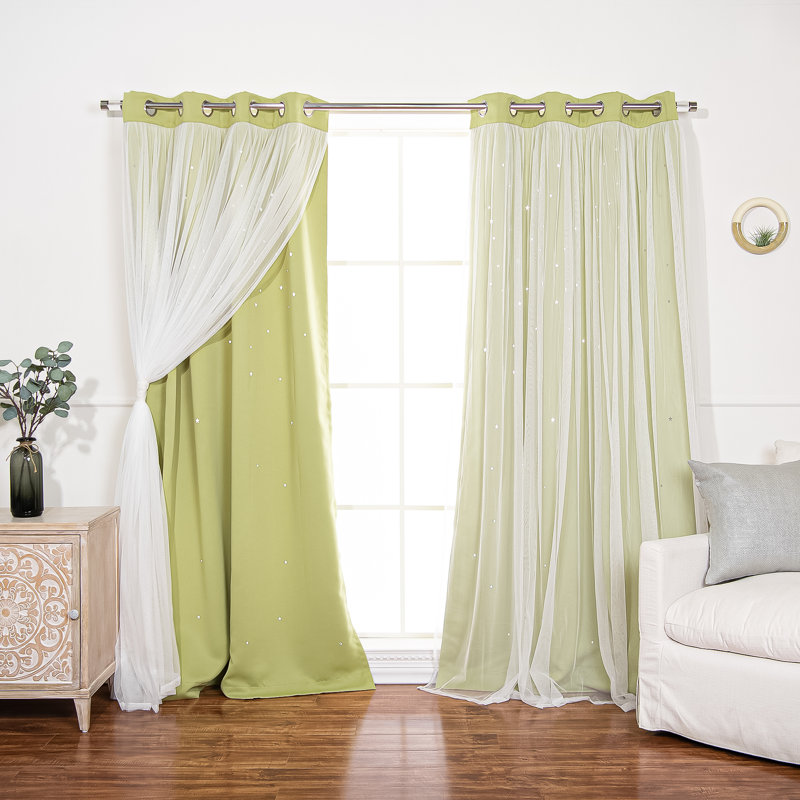 Jenifer Tulle Overlay Star Cutout Solid Room-Darkening Grommet Curtain Panels, 52" W x 84" L, Sage
