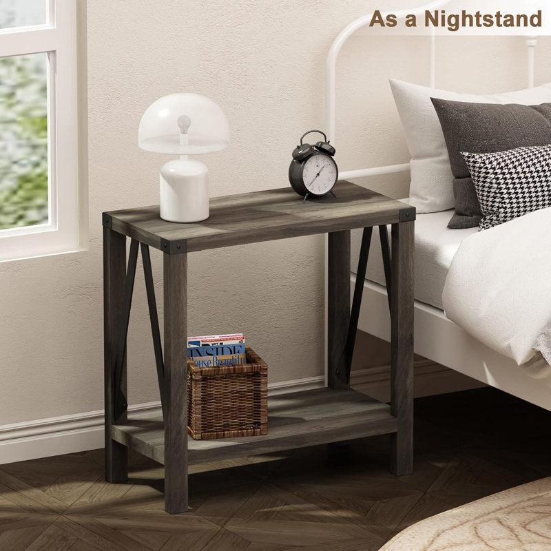 Gray Rustic Farmhouse End Table with Storage Shelf, 2 Pack