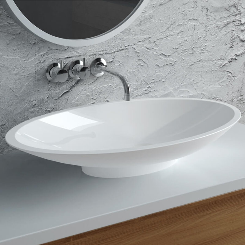 Lavabo vasque ovale moderne 23,25 po Caccini - blanc brillant, marbre coulé, résistant aux rayons UV, aux taches et aux ébréchures
