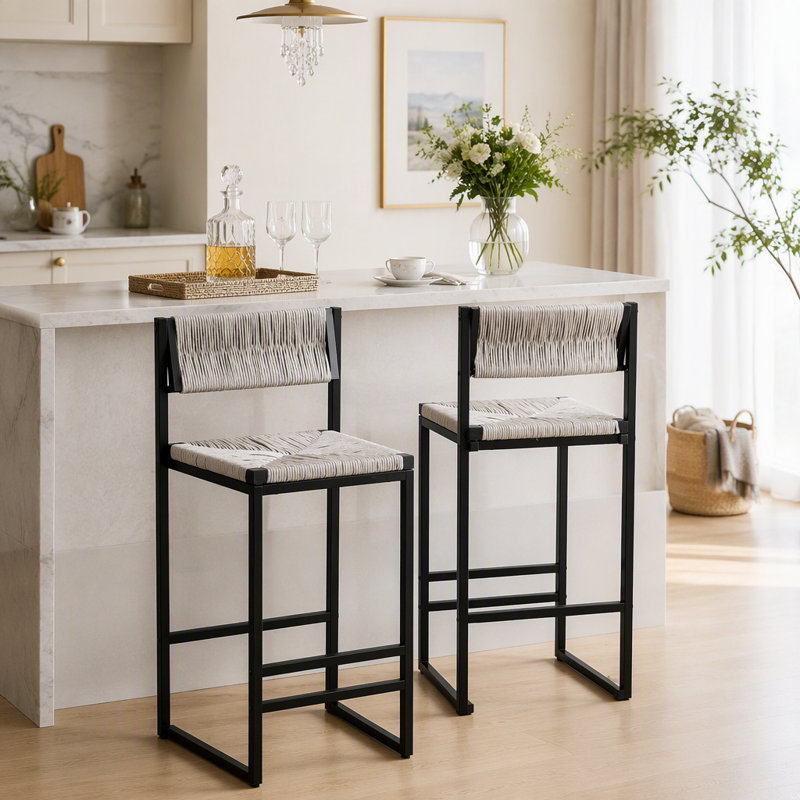 Ensemble de 2 tabourets de bar gris tissés à la main avec dossier à hauteur de comptoir