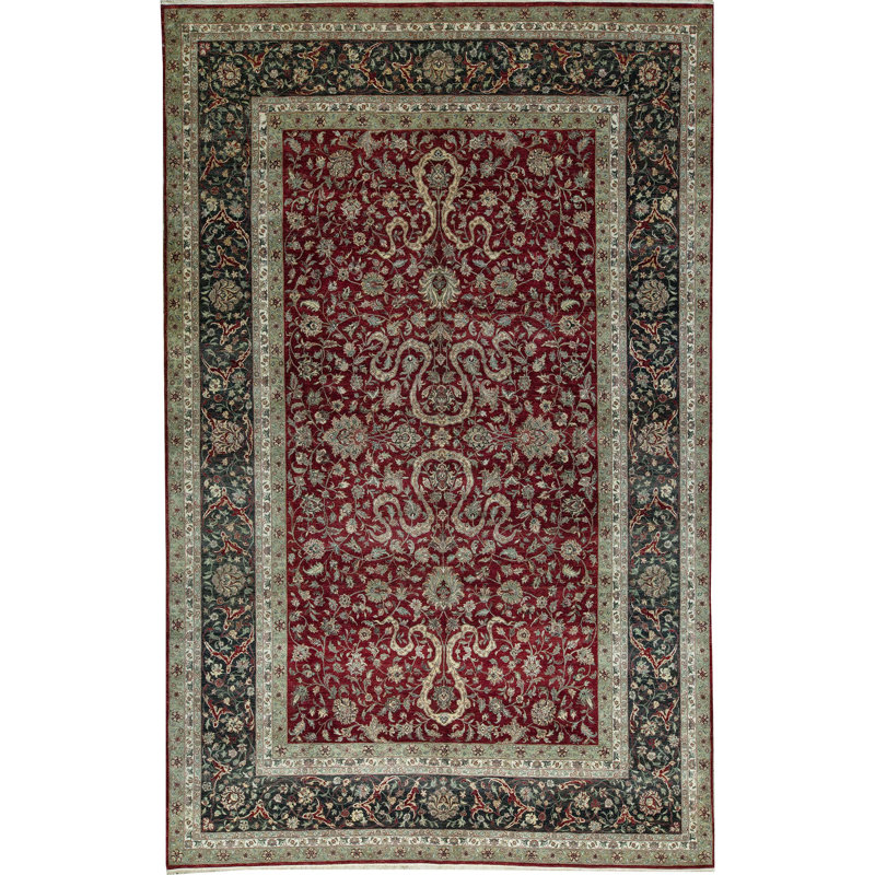 Tapis gris et rouge noué à la main de haute qualité