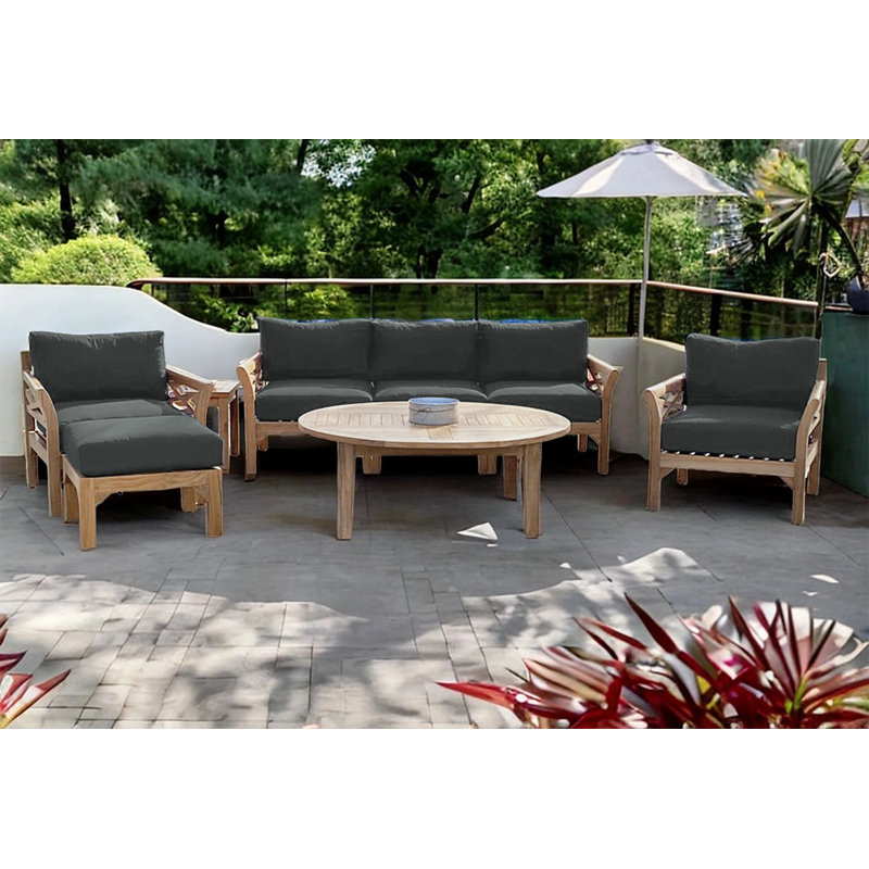 Monterey Teak Outdoor Seating Group with Cushions, Coal, 6 Pcs:  Sofa,2Chair,Cushion,Table,Ottoman