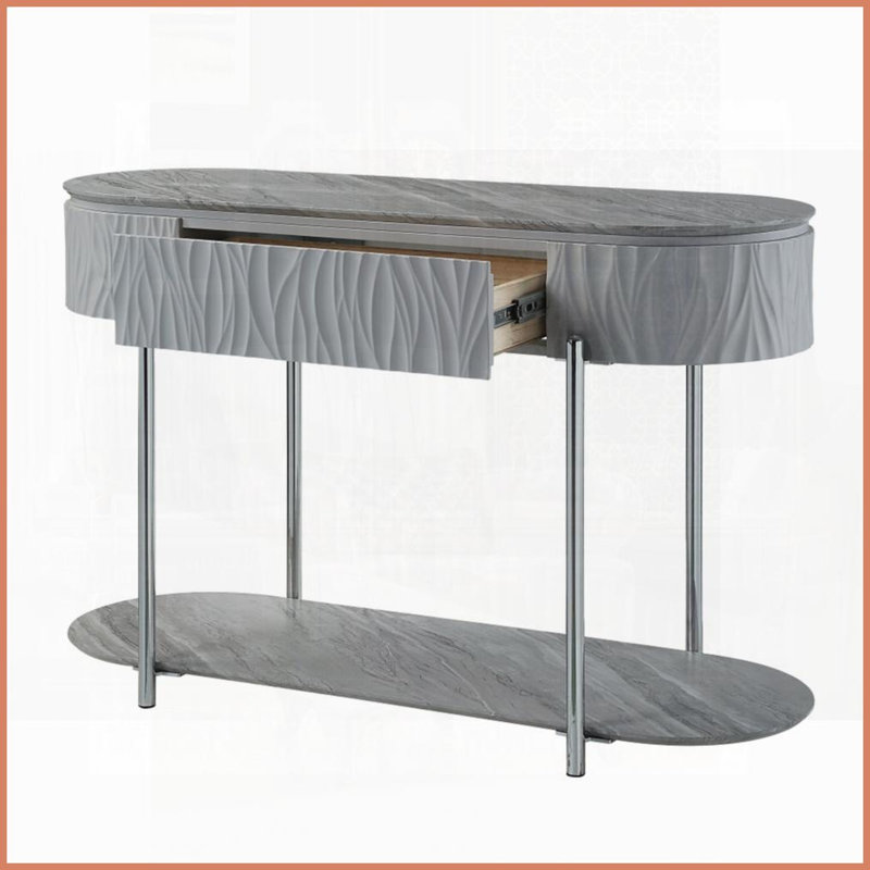 Table basse haute brillance grise avec pieds en métal chromé - Rangement encastré pour les salons modernes