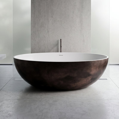 67 in. Oval Freestanding Bathtub Solid Surface Soaking Tub Matte White Interior, Weathered Bronze Exterior