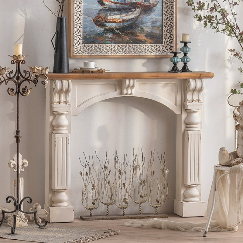 Beige + Walnut Solid Wood Freestanding Fireplace