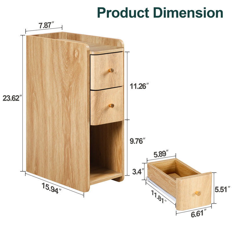 2-Drawer Narrow Nightstand, 23.6"End Table, Yellow