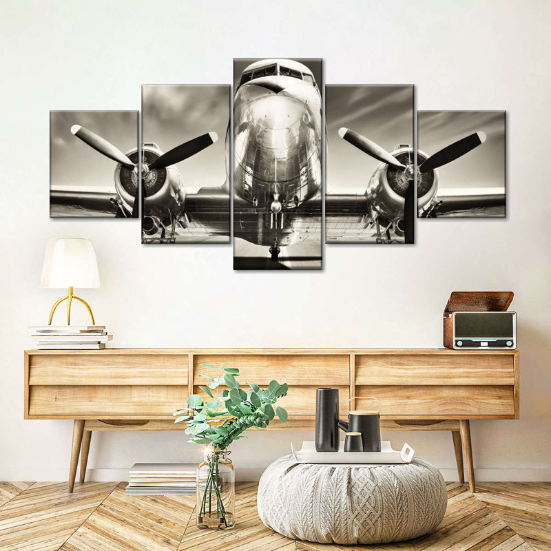 Avion rétro - image multiple de 5 pièces sur toile tendue, H 30 po x l 68 po x P 1,25 po