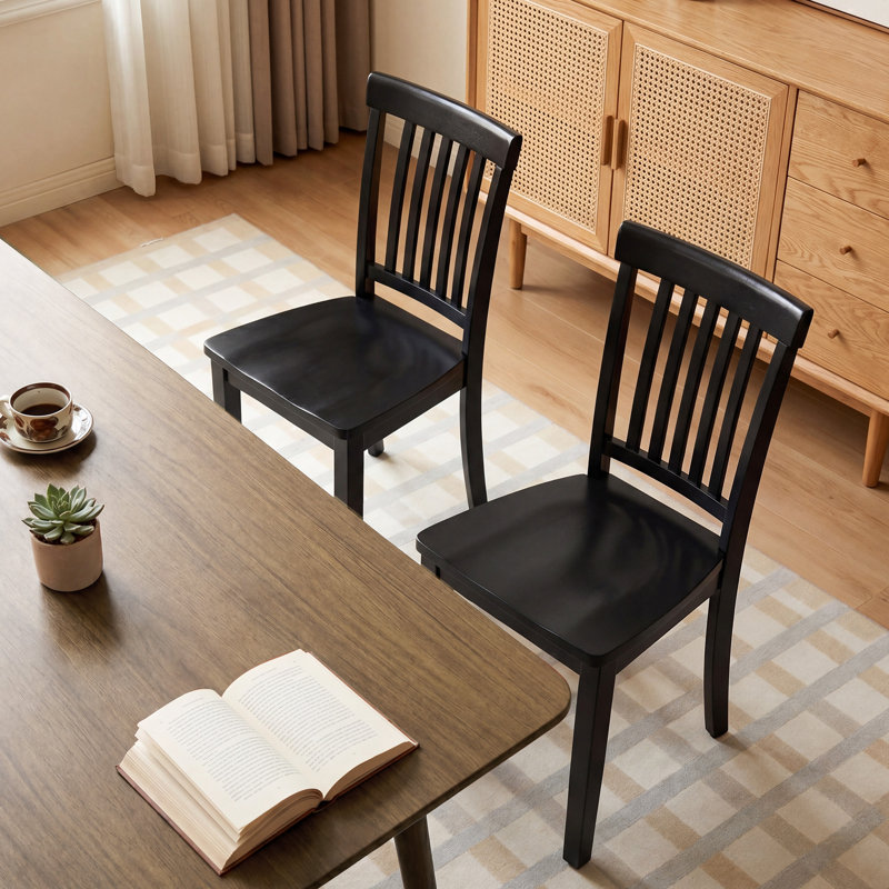 Slatted Back Dining Chair Solid Wood Side Chair, Black