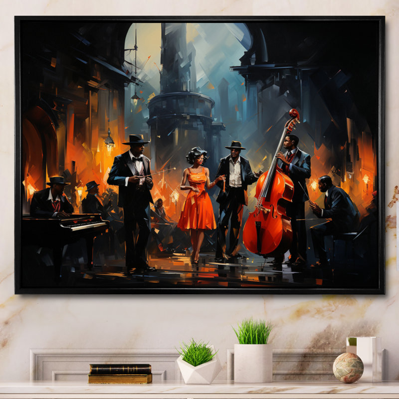 «Music In Harlems III» - Art africain sur toile, art mural, H 24 po x l 32 po, Reproduction avec cadre flottant, Noir
