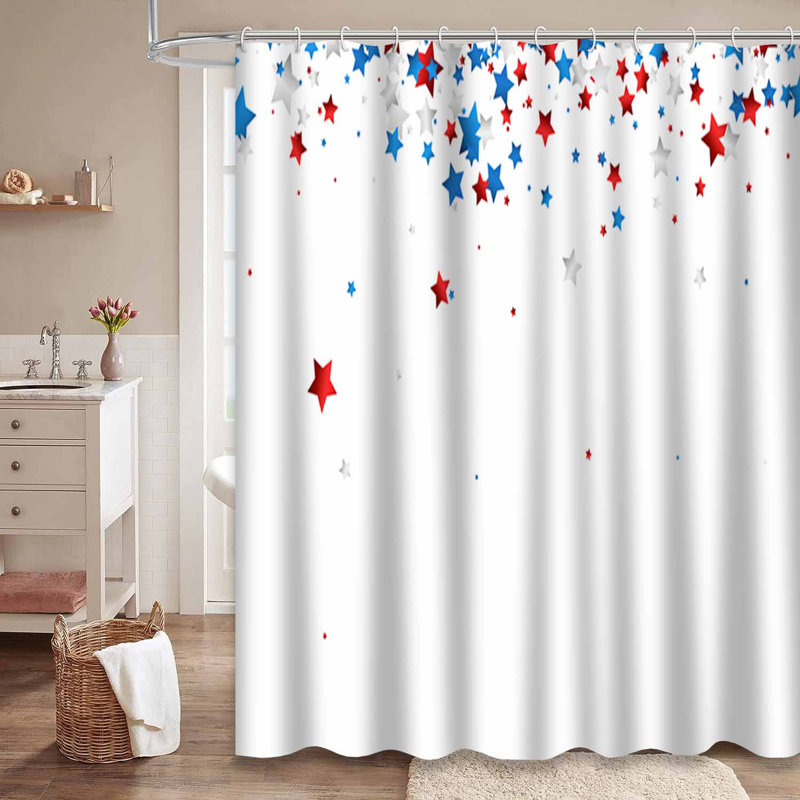 Rideau de douche rouge avec étoiles rouges et bleues avec 12 crochets, L 72 po x l 78 po