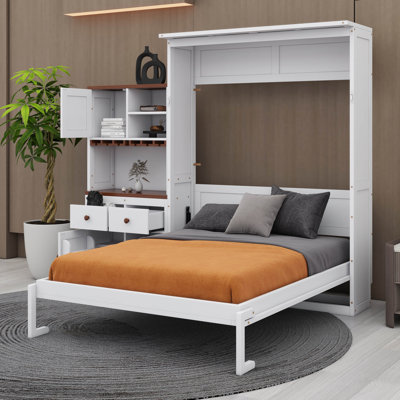 Grand lit escamotable avec armoire de rangement, support à vin, porte-verre, tiroirs et bande DEL multicolore