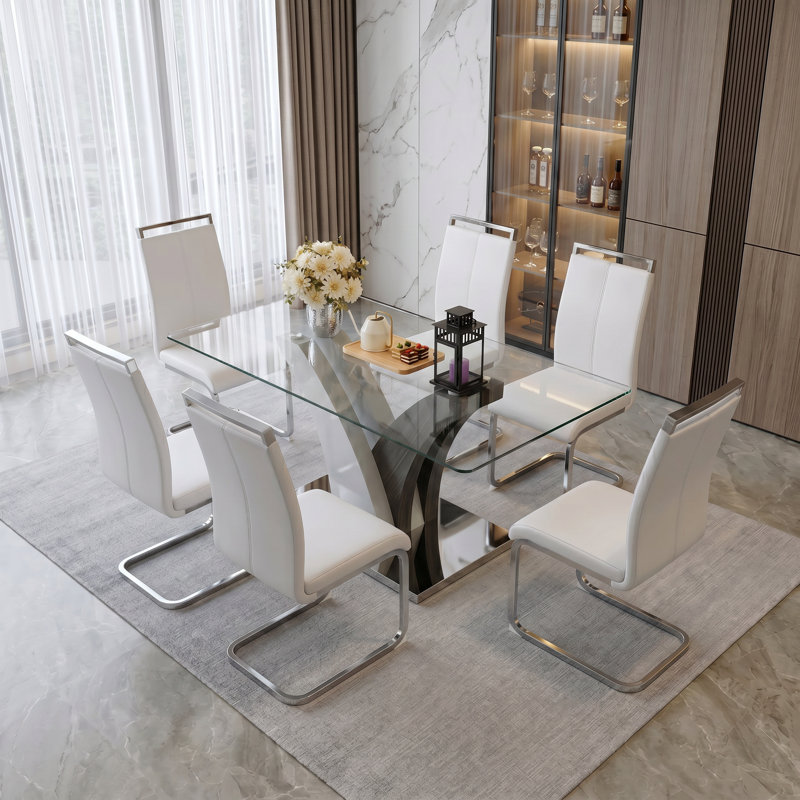 7-Piece Modern 63" Rectangular Tempered Glass Dining Set with Faux Leather Cantilever Chairs, 7 Pieces: Table, 6 Chairs