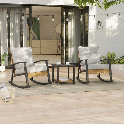3 Piece Patio Rocking Chair Set with Side Table and Cushions