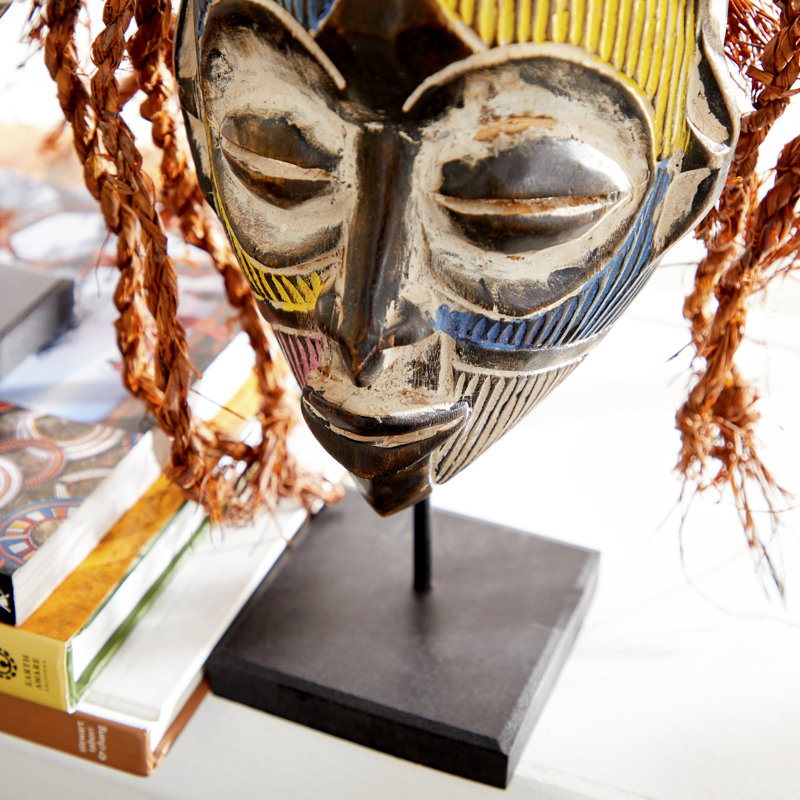 2 Piece Handmade Multi-Colored Barkcloth & Baobab Wood Chokwe Mask with Long Rope Hair Bust Set