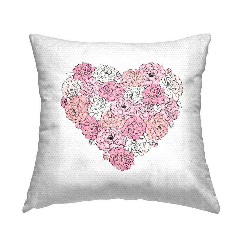Coussin d'extérieur imprimé roses roses en forme de cœur par Martina Pavlova