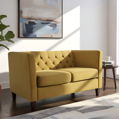 Button Tufted Velvet Loveseat, Square Arm 2-Seater Upholstered Couch With Tapered Wood Legs, Mid-Century Modern Tufted Loveseat For Living Room