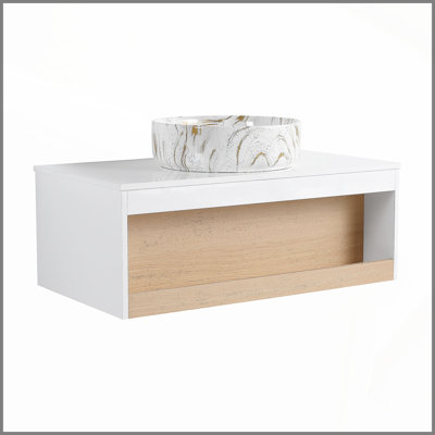 36" Floating Bathroom Vanity with Gold Vein Marble Vessel Sink, Wall-Mounted Vanity with Open Shelf Storage, White Finish with Wood Accent, Space-Saving Modern Design (Ships in 2 Boxes)