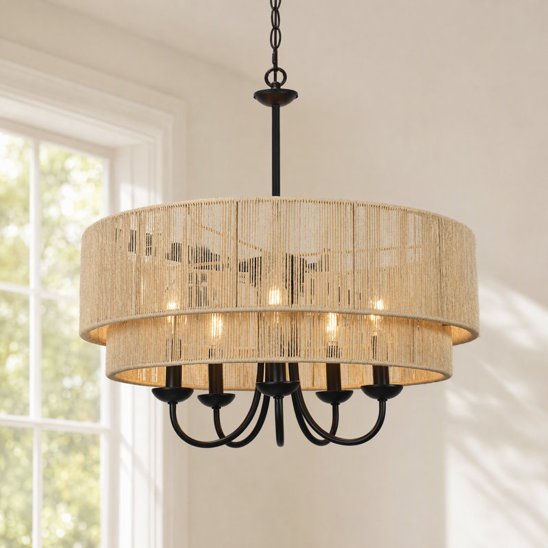 22 Inch 5 - Light Coastal-Inspired Dimmable Rattan Double Drum Chandelier with Adjustable Height