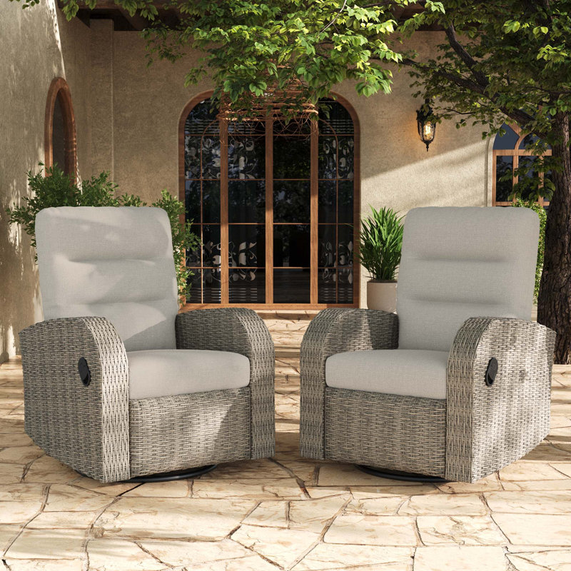 Oversized Wicker Outdoor 360° Swivel Glider Recliner Chair, Patio Adjustable Reclining Lounge Chair With Cushions (Set Of 2)