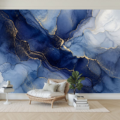 Papier peint adhésif mural abstrait bleu aquarelle liquide, taches dorées, encre de marbre cyan, papier auto-adhésif amovible, décoration murale pour salon, chambre à coucher H 69 po x l 96 po