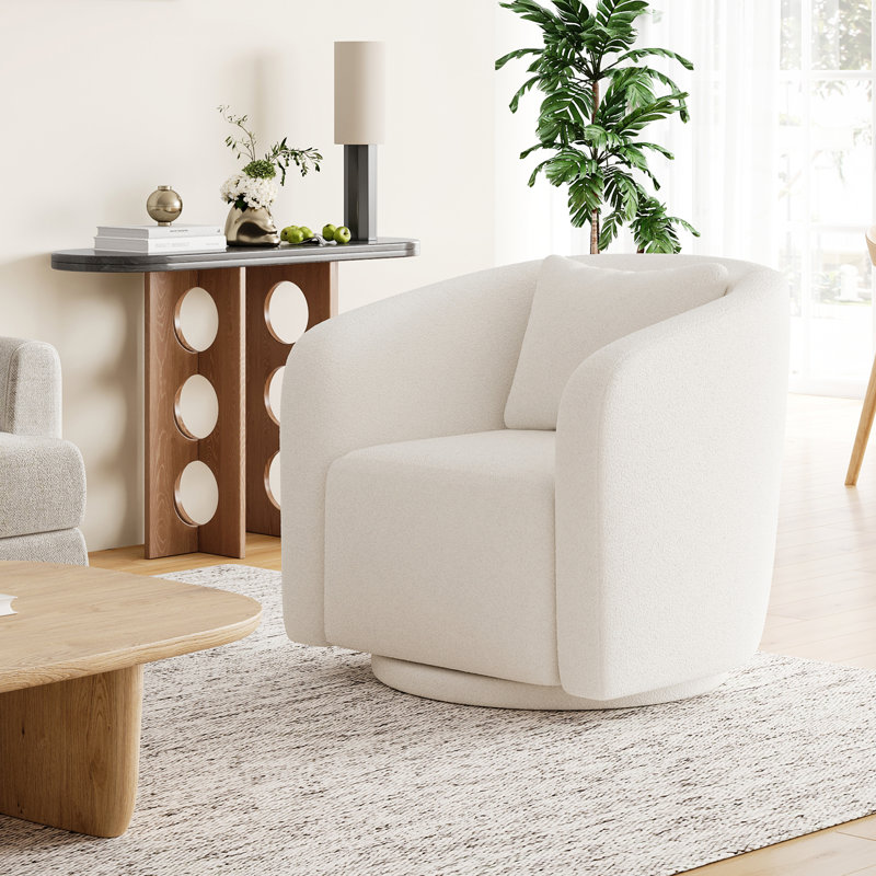 Boucle Polyester Upholstered Swivel Armchair, White