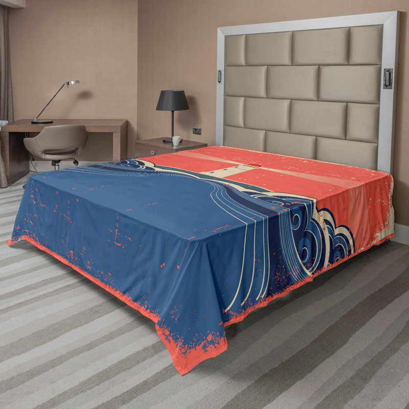Drap-housse grunge Ambesonne, phare, vagues, reine de la mer, bleu, corail, blanc